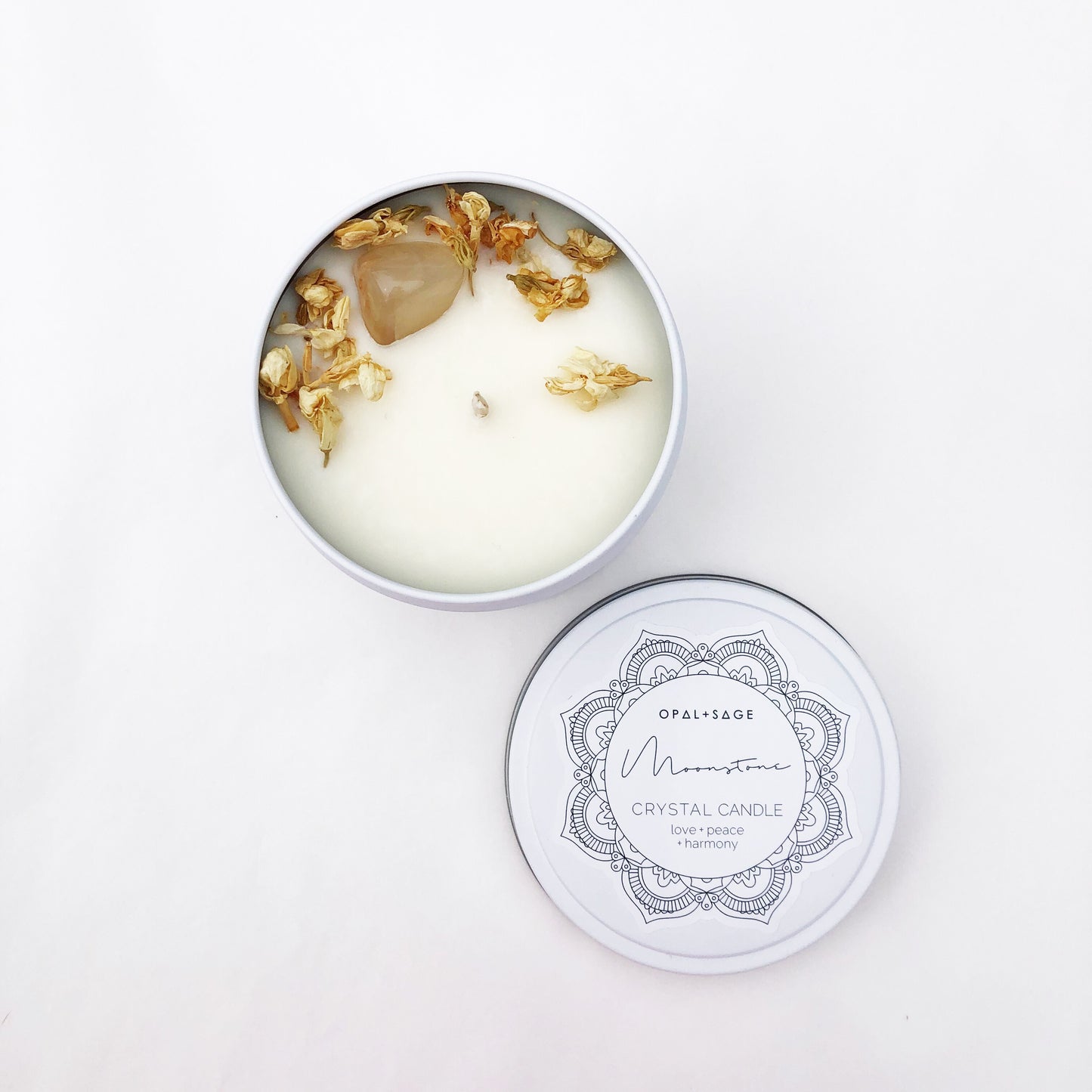 Opal & Sage Mandala Crystal Candles - Moonstone